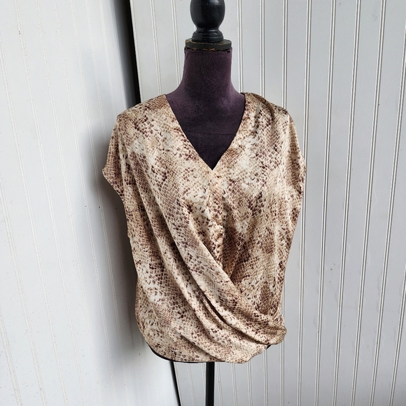 Mustard Seed Tops - Mustard Seed Beige Faux Wrap Blouse Relaxed Reptile Animal Print Beige Satin S
